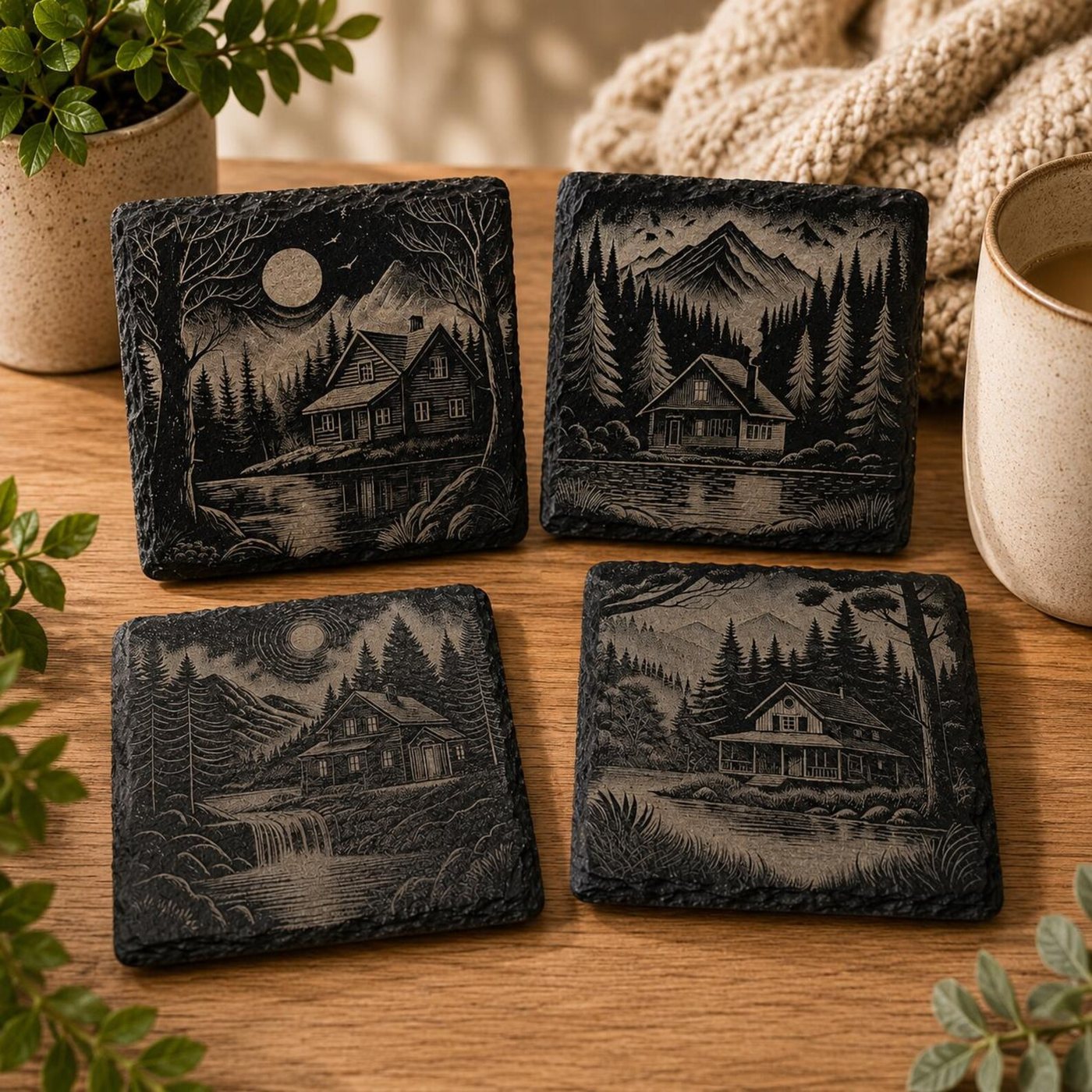 Rustic Engraved Slate Coasters — Cabin & Mountain Landscape Designs