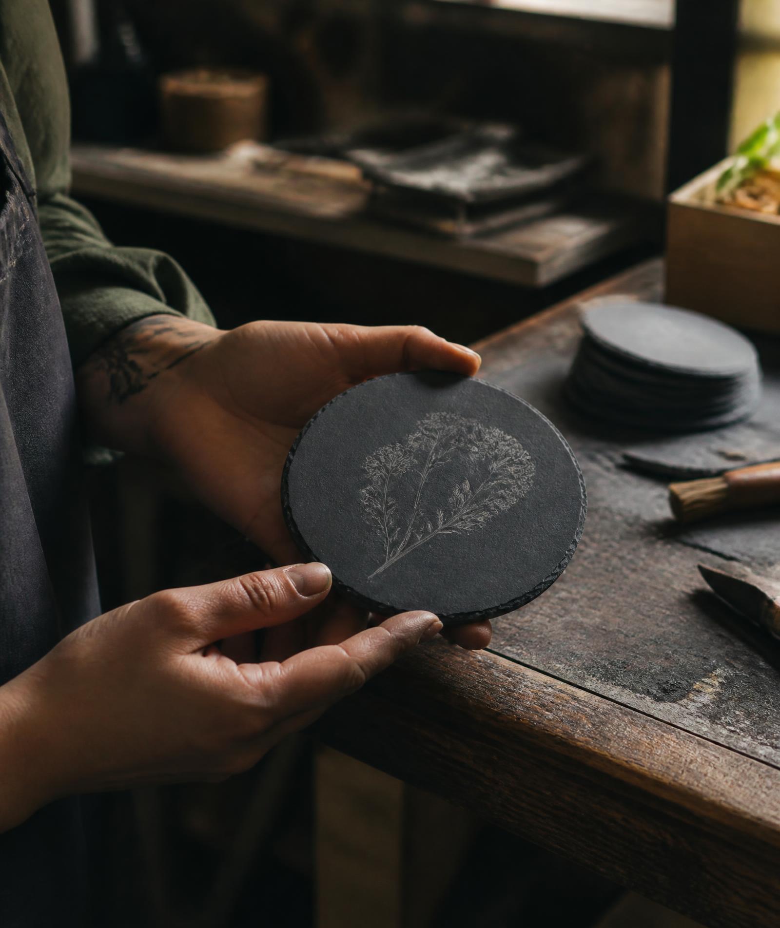 A maker's hands holding a freshly engraved slate coaster at a workshop bench